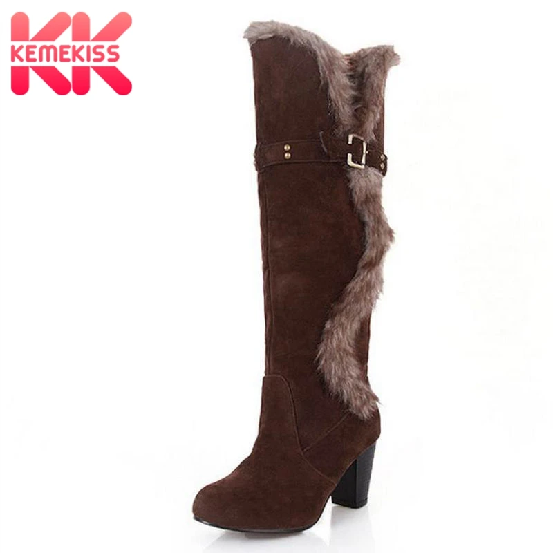 

KemeKiss Size 34-43 Gladiator Snow Boot Women Square Heels Half Short Boot Lady Warm Plush Winter Boots Sexy Leisure Shoes Woman