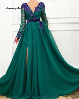 

New Green Long Evening Dress Chiffon A-Line V-Neck Sleeves Evening Dresses Vestido de festa
