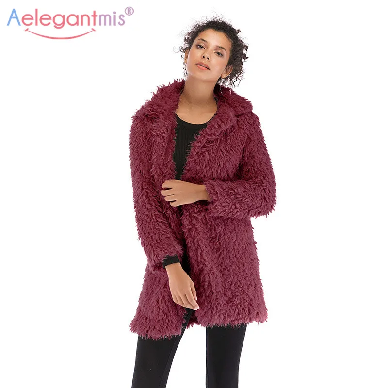 Aelegantmis осенне-зимнее женское пушистое пальто из искусственного меха с отложным воротником, меховые пальто с длинным рукавом, женское повседневное пальто, верхняя одежда