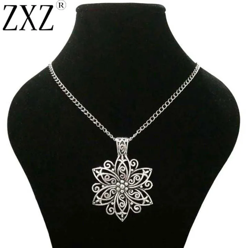 ZXZ старинное серебро Большой абстрактный металлический цветок подвеска 67 мм x 48 мм 3" Длинная цепочка ожерелье для женщин