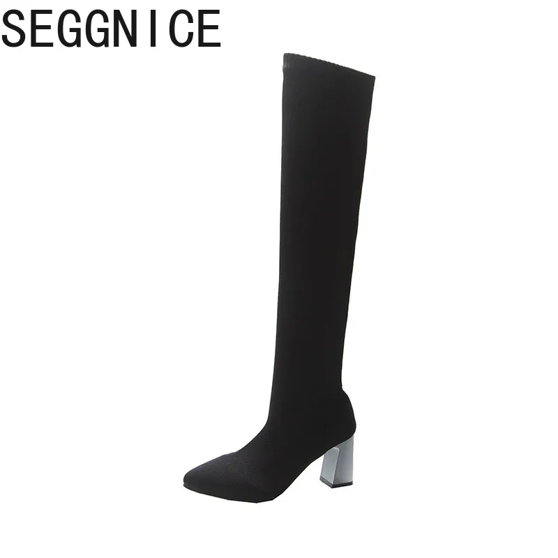 

SEGGNICE Sock Boots Women Over The Knee Boots High Heels Elastic Thick Heel Sock Shoes Women Sneakers