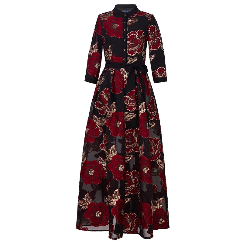 

New 2019 Spring Autumn Fashion Long Party Evening Vestidos Women Luxurious Golden Jacuard Floral Print Vintage Long Maxi Dress
