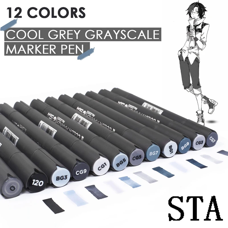 

12 Colors Cool Grey Dual Tip Sketch Grayscale Marker Pen Set Art Markers Painting Set Drawing for Manga Animation Art Supplies