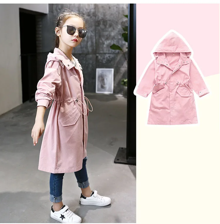 2 colors hooded long jackets for girls outerwear & coats clothing children long sleeve pockets kids trench coat autumn 2017 tops 4 5 6 7 8 9 10 11 12 13 14 15 16 Years old little big girls pink khaki long hooded coats clothes (18)