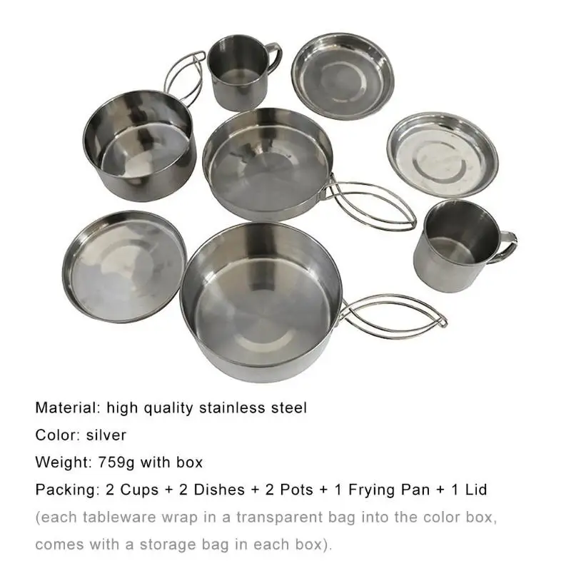 8 шт. набор кастрюль из нержавеющей стали для пикника, походная посуда, чашки, сковорода, крышка для посуды, горшки, набор для приготовления пищи на 5-6 человек