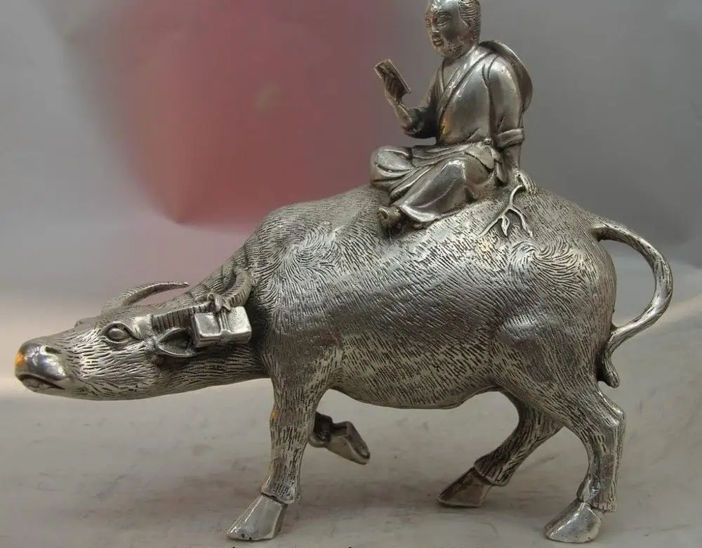 Китай белая медь серебро старый Вакеро книга бык быка коровы скульптура статуя |