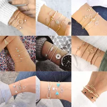 Модный браслет Mostyle, 4 шт./набор, Золотая цепочка, 15 видов стилей, лист, кристалл, геометрическая форма, Открытый браслет, женский шарм, Пляжное ювелирное изделие, Прямая поставка