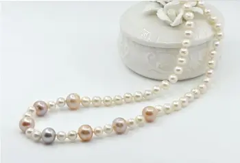 

gorgeous 8-12mm natural round white gold multicolor pearl necklace 18inch 925s