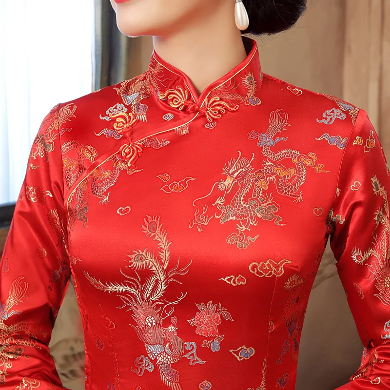 Красное китайское свадебное платье Qipao для невесты сексуальное женское атласное платье Чонсам с длинным рукавом дракон феникс Vestidos S M L XL XXL