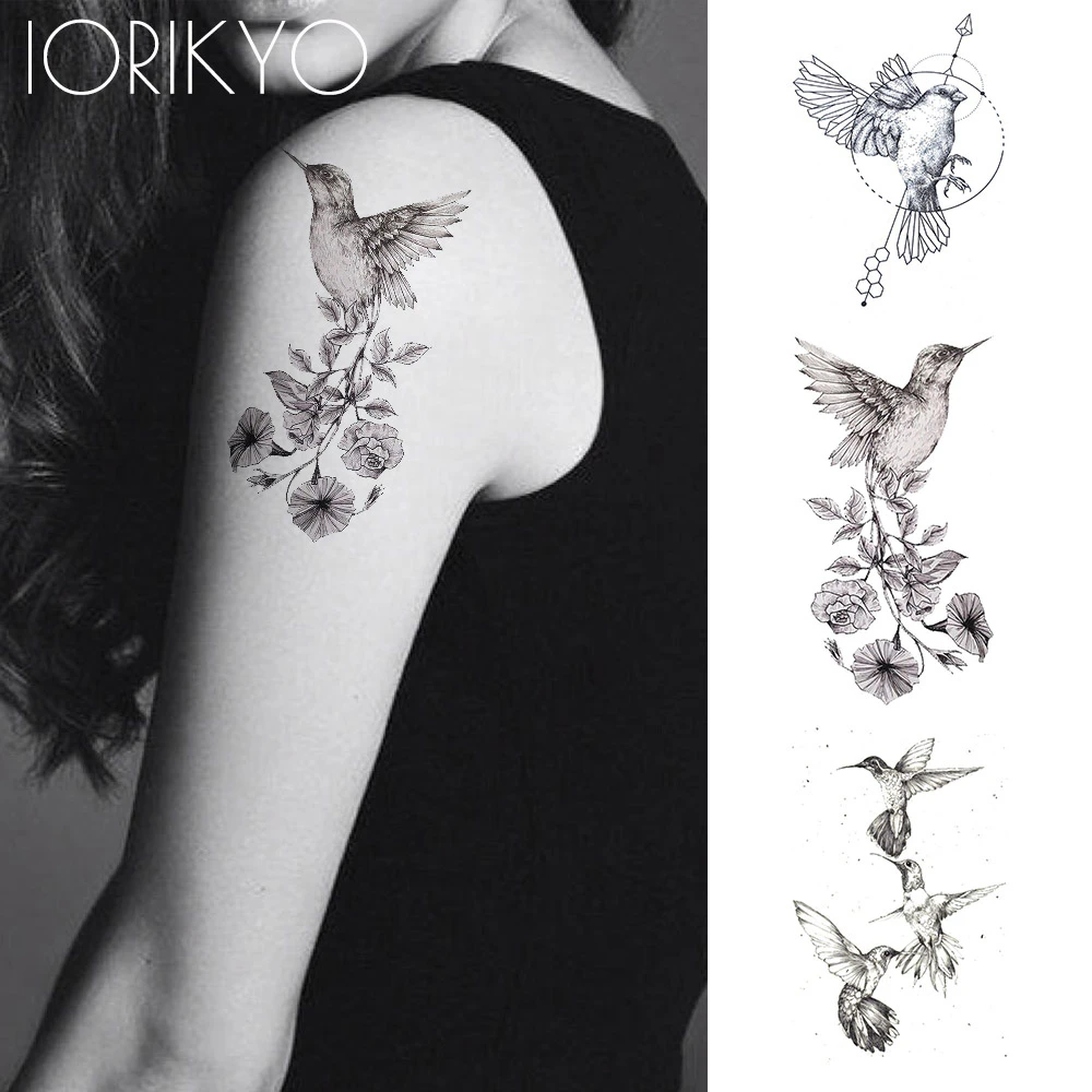 Pegatinas de tatuaje temporal de colibrí negro para mujer, dibujo de lápiz  de brazo, tatuajes impermeables, niñas, antebrazo, pájaros, flor falsa| Tatuajes temporales| - AliExpress
