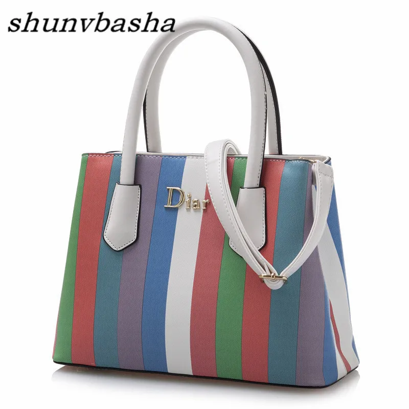 

2017 lady bag striped lady fashion casual handbag top hand shoulder bag letter bag bao bao stitching handbag