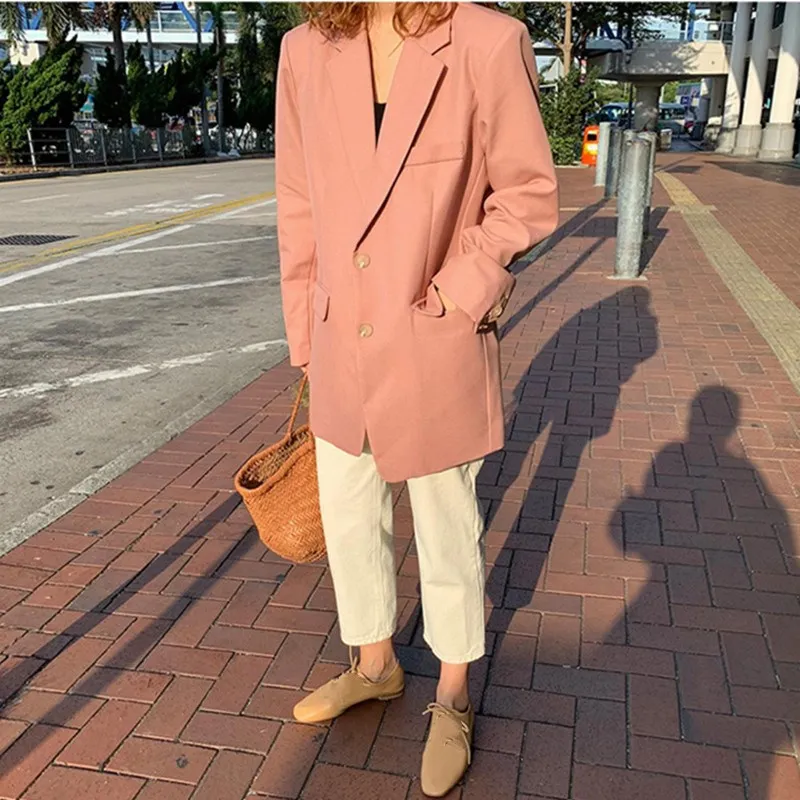 2019 Spring Women Casual Single Breasted Pocket Solid Plus Size Blazers Elegant Office Fresh Outwear Pink Blazers