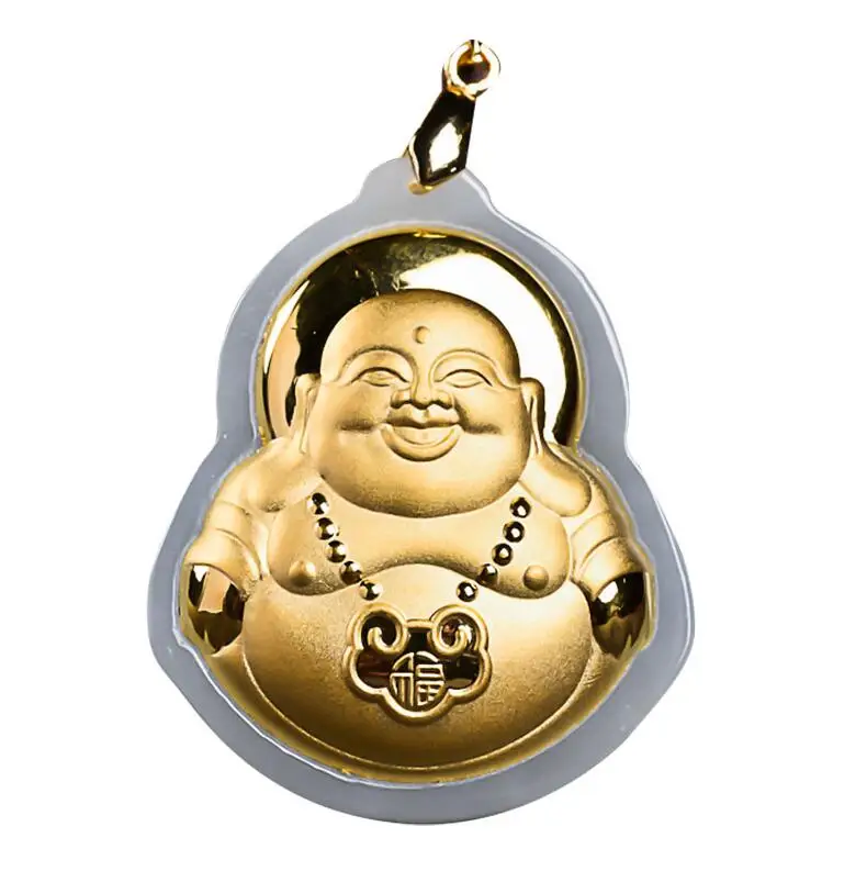 

Natural White HeTian Yu + Full Gold Inlaid Carved Buddha Blessing Lucky Amulet Pendant Necklace + Certificate Fashion Jewelry