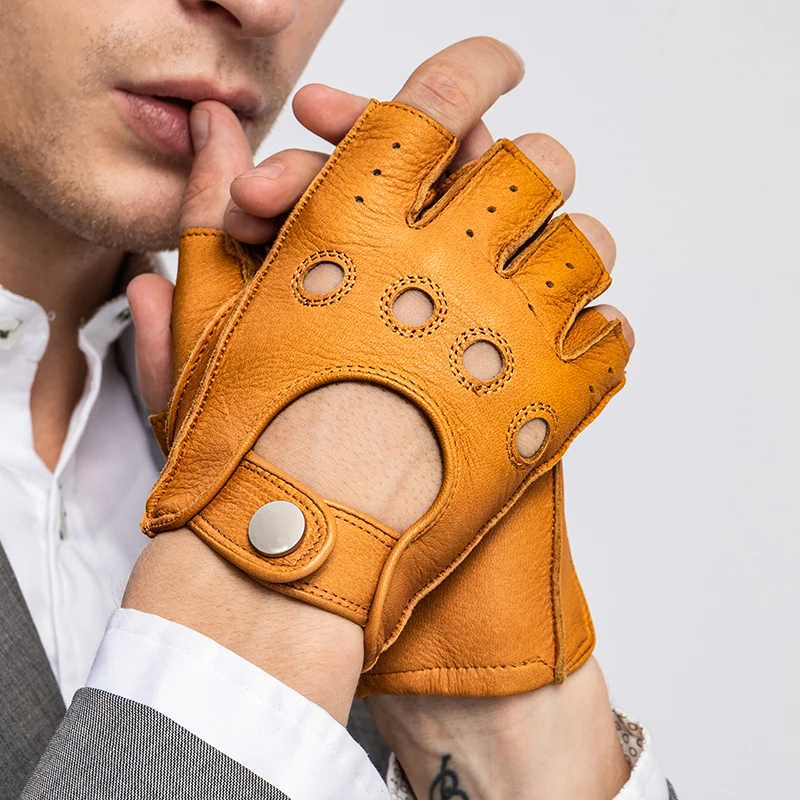 

Spring Autumn Men Genuine Leather Gloves Slip-resistant Half Finger Goatskin Fingerless Gym Fitness Driving Male Gloves