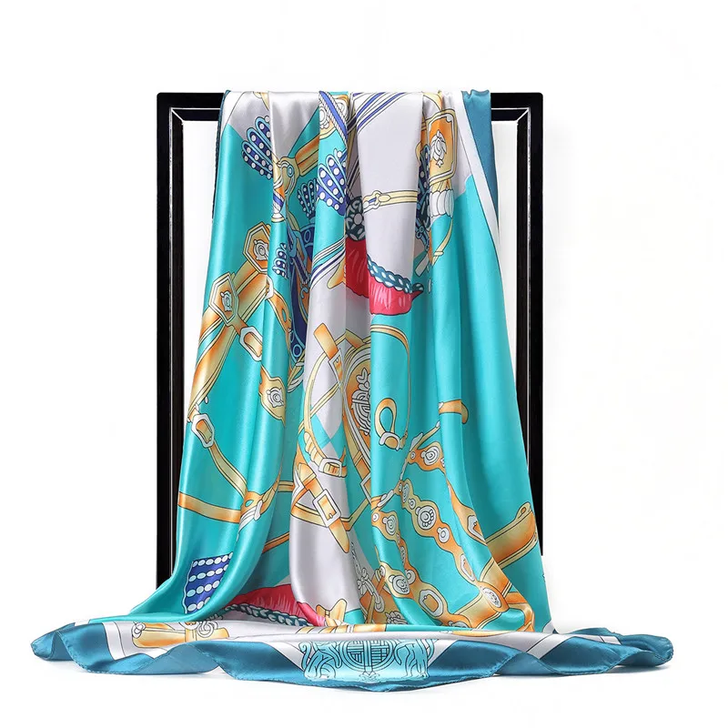 Женский шарф роскошный атласный большой квадратный конский хиджаб шелковая шаль платок с принтом квадратный шарф брендовый дизайн носовой платок 90x90 см - Цвет: 6