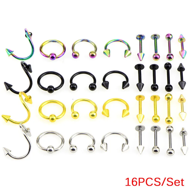 

Fashion 16PCS/Set Stainless Steel Eyebrow Bar Lip Nose Pircing Ear Studs Stainless Steel Mixed Body Jewelry Piercing Set