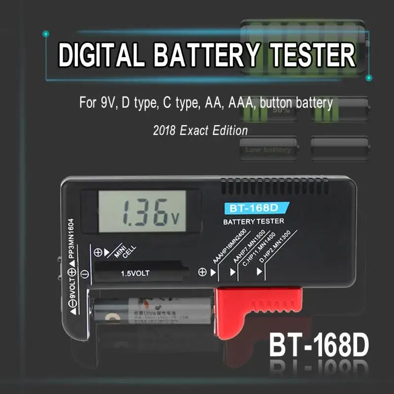 BT168D умный ЖК-цифровой тестер батареи, электронный измеритель мощности батареи для 9 В, 1,5 в, AA, AAA, ячеек, C, D, инструмент для измерения заряда батареи
