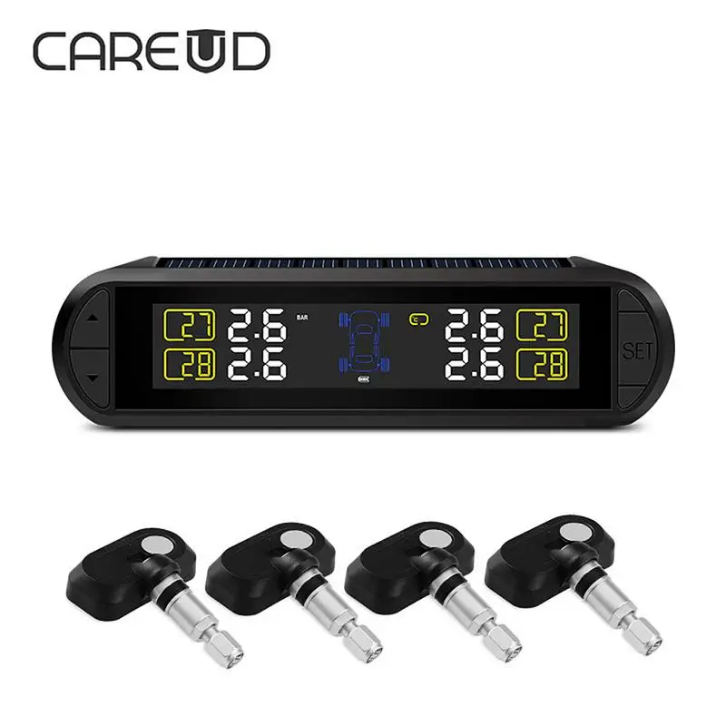 

CAREUD Wireless External Built-In Tire Pressure Sensor USB Charging Solar Panel Self-Changing Car TPMS System T670 Color Screen