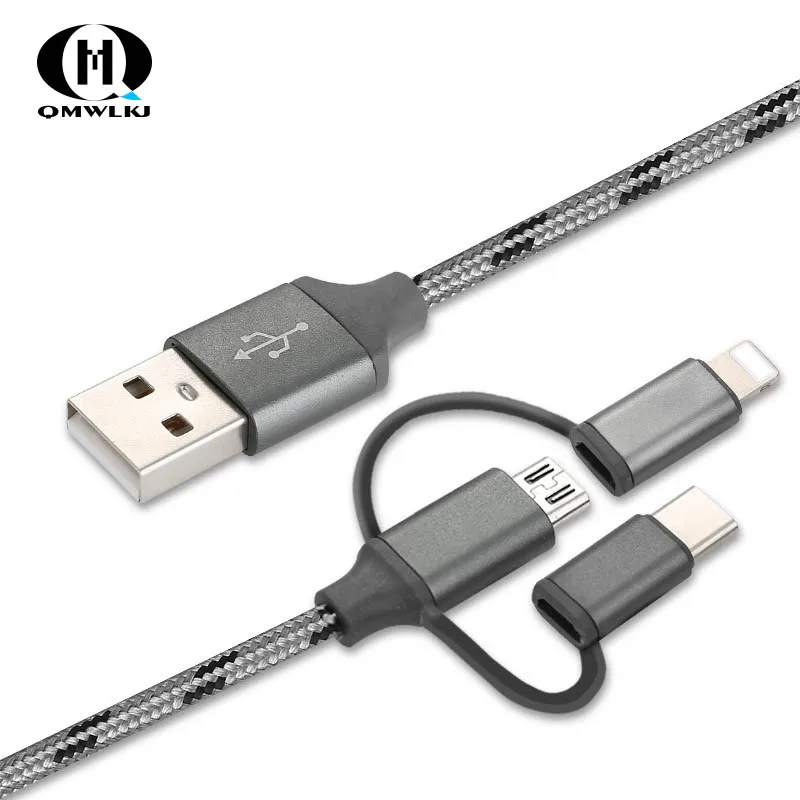 

3in1 USB Cable Type C 2.4A Fast Charging Micro 1M mobile phone data line for iPhone Huawei Samsung Xiaomi Multiple Charging