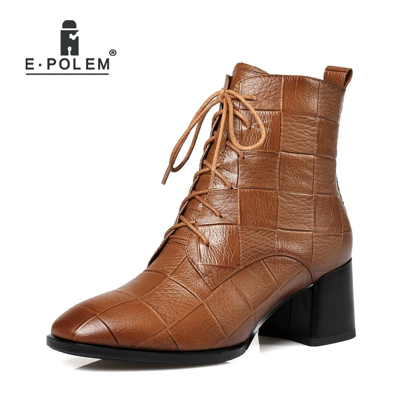 

2018 New Fashion Female Genuine Leather Martin Boots Pointed Toe Cross-tied Ankle Boots Thick High Heel Women Casual Short Boots