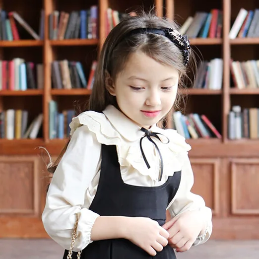Korean Spring New Girls Lace Collar Pure Color Shirt Bowknot Flower White Grey Kids Clothing All Match | Детская одежда и обувь
