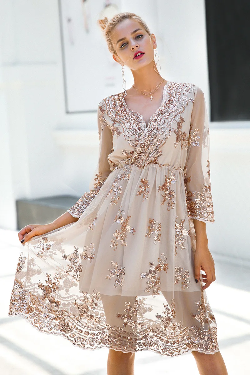 

Sexy women's sequin dress v - neck long sleeve a party dress dress