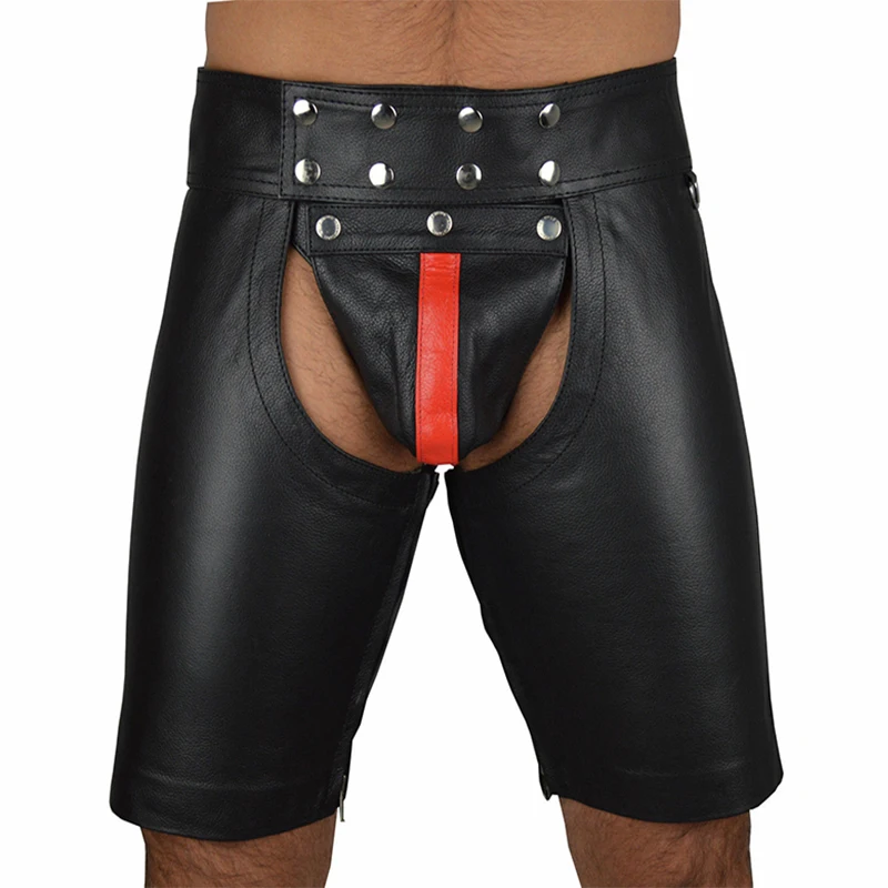 

Plus Size M-XXXL Sexy Tight Black PU Leather Shorts Men Lace-Up Bondage Jockstrap Lingerie Open Butt Fetish Gay Boxers Panties