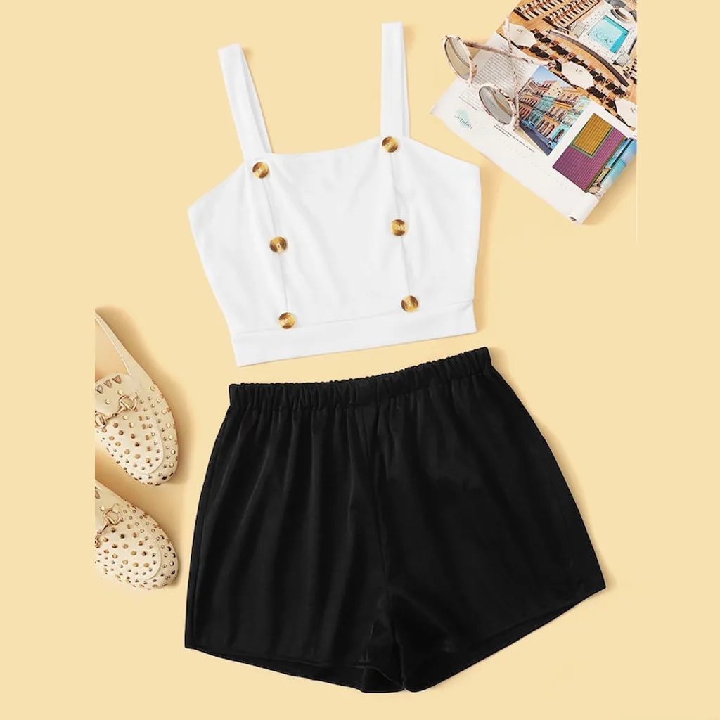 

2PCS Fashion Matching Sets Women Tank Tops Retro Button Camis Front Crop Top + Solid Shorts Set Plus Size summer clothes