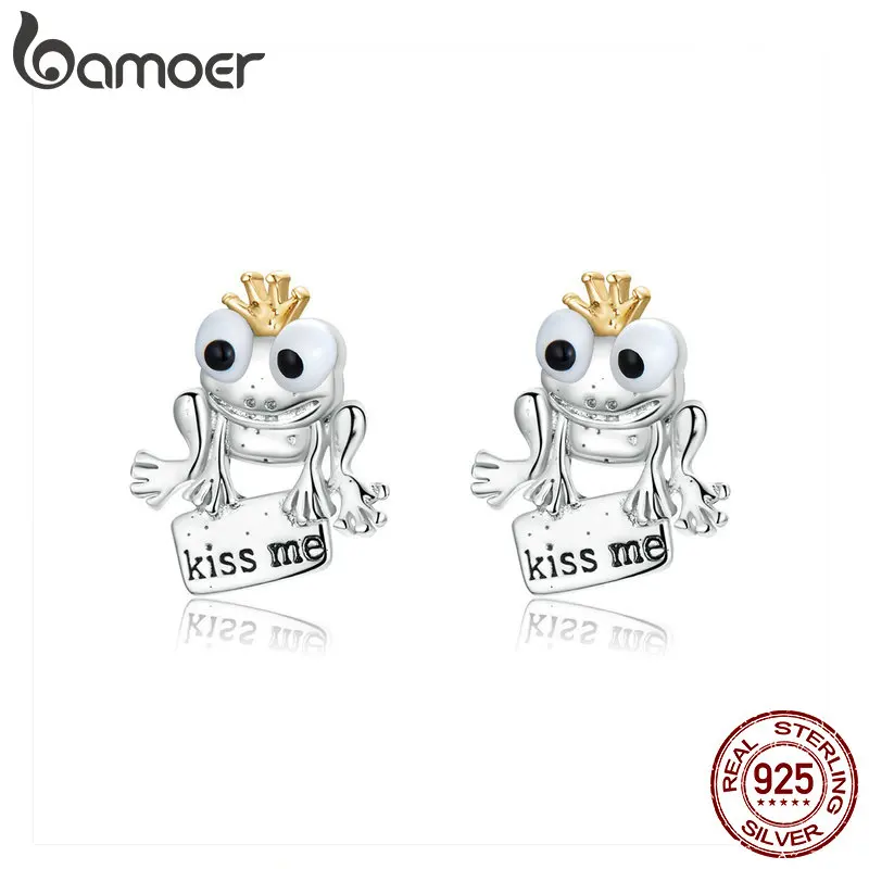 

bamoer Prince Frog Stud Earrings Sterling Silver 925 Fairy Tale Kiss Me Ear Stud Gold Color Korean Fashion Jewelry SCE635