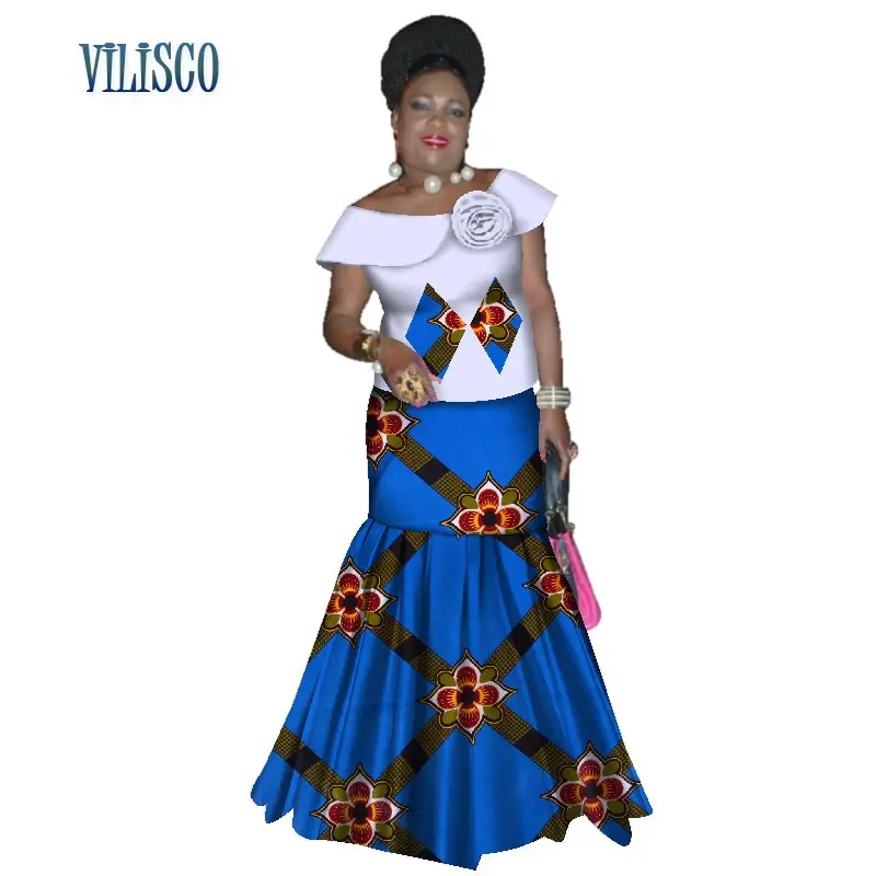 Bazin Riche, африканские топы с оборками и рукавами и юбки, комплекты для женщин, традиционный Африканский принт, 2 шт., комплекты юбок, одежда WY3059 - Цвет: 15