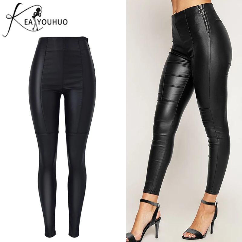 

2019 Winter Stretch Side Zipper PU Leather Pants For Women High Waist Skinny Slim Female Pants Sweatpants Joggers Women Trousers
