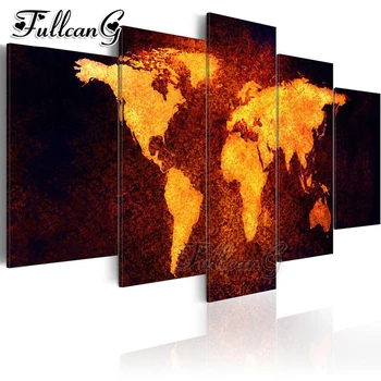 

FULLCANG diy 5 pieces diamond painting abstract golden map picture full square/round drill 5d mosaic embroidery kit FC849