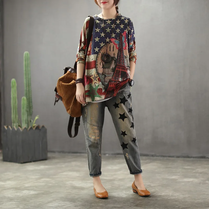 Spring Sweater Women Retro Loose Pullovers Knitting Tops O-Neck Print Pattern Blended Sexy Ladies Streetwear Casual Sweater 2019 Spring Sweater Women Retro Loose Pullovers Knitting Tops O-Neck Print Pattern Blended Sexy Ladies Streetwear Casual Sweater 2019