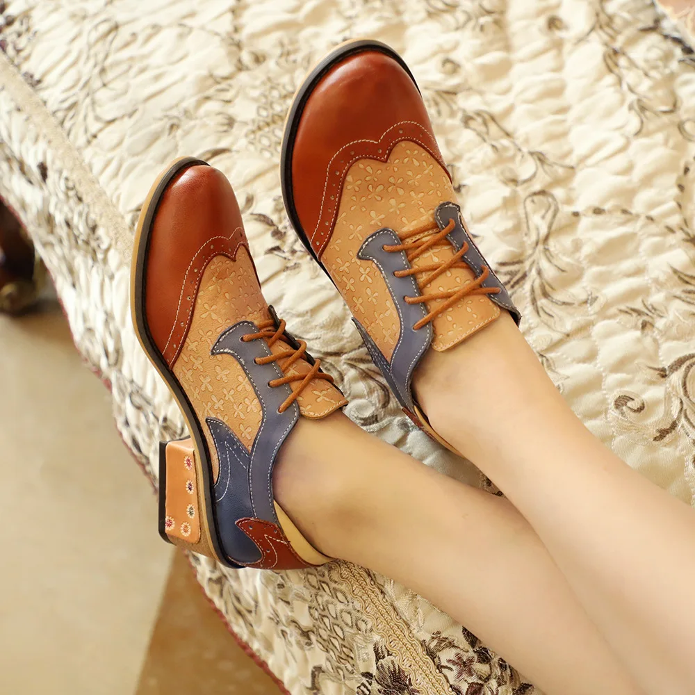 Ретро, Национальный Стиль Цвет одинаковая обувь ручной работы броги с вырезами женская обувь из натуральной кожи кожаные туфли на толстом каблуке размер 36–42