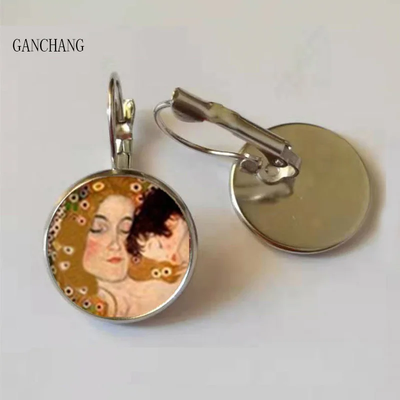

Mothers Day Earrings Gustav Klimt The Kiss Ear Studs Art Jewelry Earrings Glass Cabochon Earrings Handmade