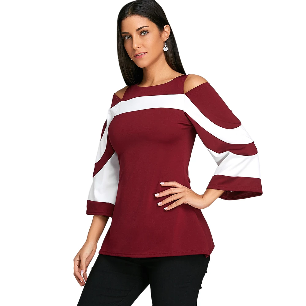 Gamiss Blouse Women Flare Sleeve Cold Shoulder Two Tone Blouse Casual