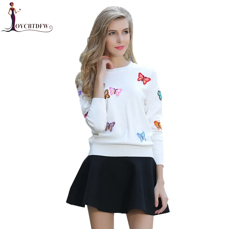 

2018 Autumn Lady New Knitted Woman Sweater Butterfly Pattern O-neck Sweater Slim Embroidery Pullovers Solid Casual Sweater XY513