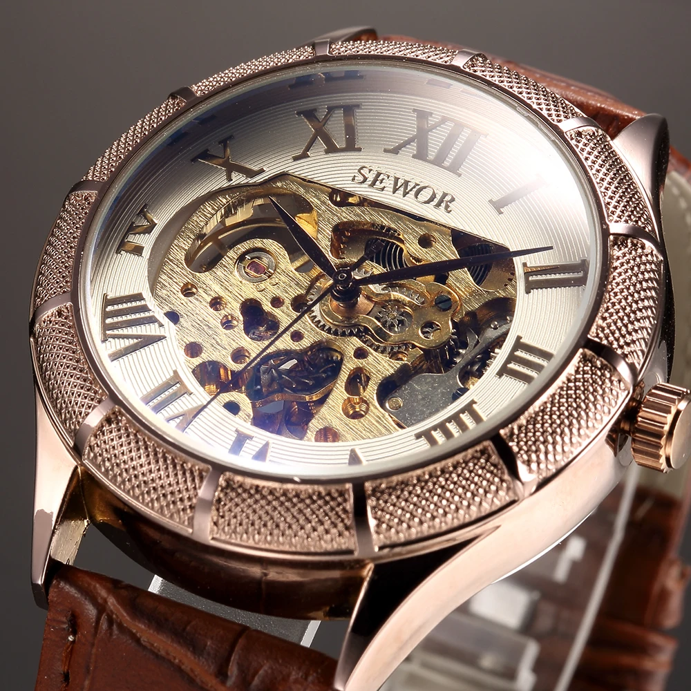 

SEWOR Men's Mechanical Wrist Watch Textured Case Skeleton Dial Male Clock Synthetic Leather Strap Automatic Horloges Mannen
