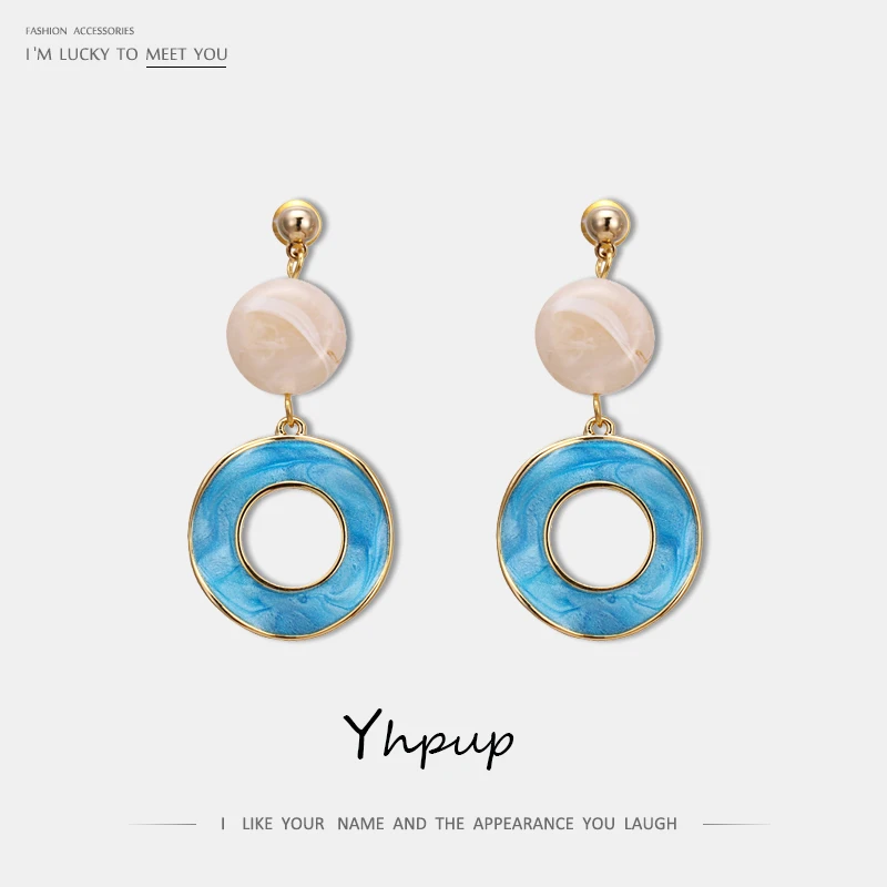 

Yhpup Trendy Korean Round Enamel Geometric Dangle Earring S925 Silver Fashion Jewelry for Girl Office pendientes mujer orecchini