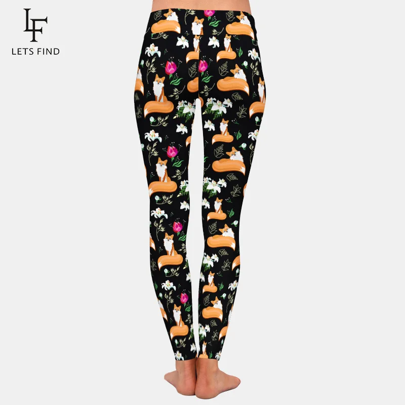 LETSFIND  Seamless Plus Size Women Black Leggings Fashion High Waist Fox and Flowers Printing Elasticity Leggings scrunch leggings