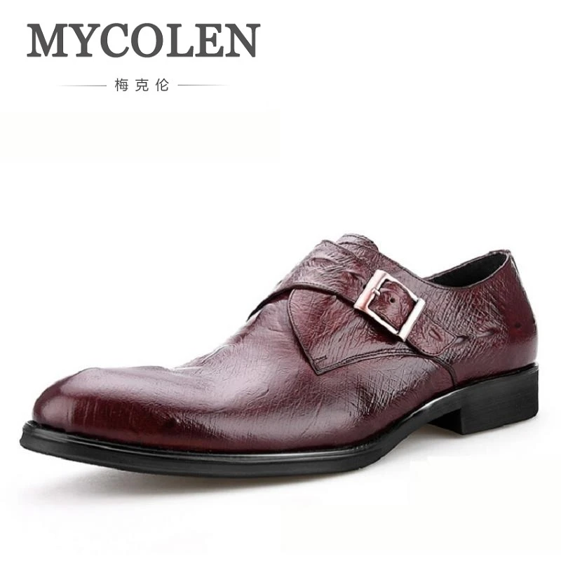 

MYCOLEN Fashion Genuine Leather Mens Dress Shoes Brown Casual Business Male Shoes Men Crocodile Pattern Footwear Red Wine
