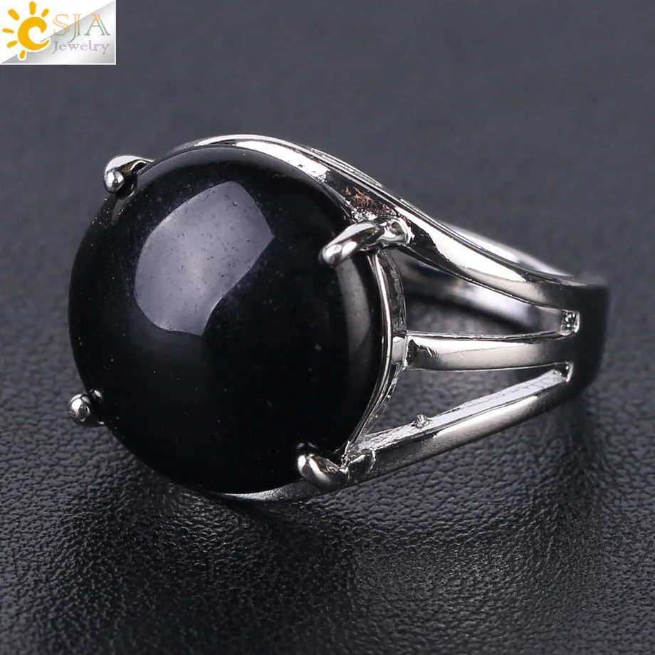 CSJA уникальное кольцо для женщин, натуральный камень, круглые бусины, повседневные кольца на палец, Фиолетовый Кристалл, кварц, серебряный цвет, вечерние ювелирные изделия F476 - Цвет основного камня: Black Agate