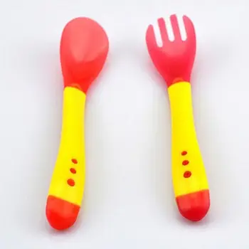 

1/set Baby Temperature Sensing Spoon and Fork Safety Silicone Feeding Flatware Spoon+Fork Baby Feeder Utensils Feeding Tableware