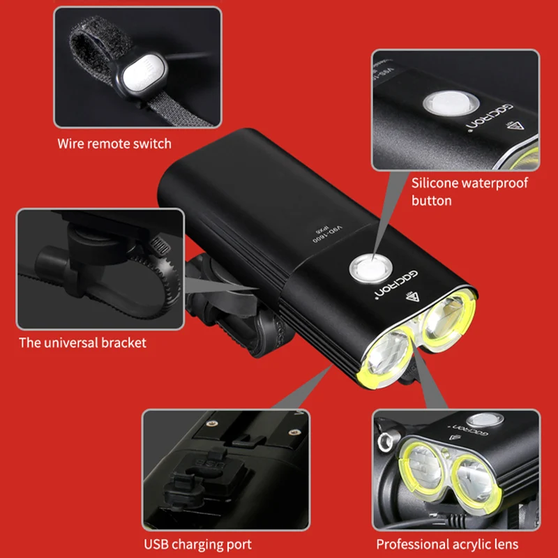 Flash Deal GACIRON 400-1800 Lumens Bicycle Front Light USB Rechargeable Cycling Headlight Flashlight MTB Road Bike Waterproof LED Head Lamp 2
