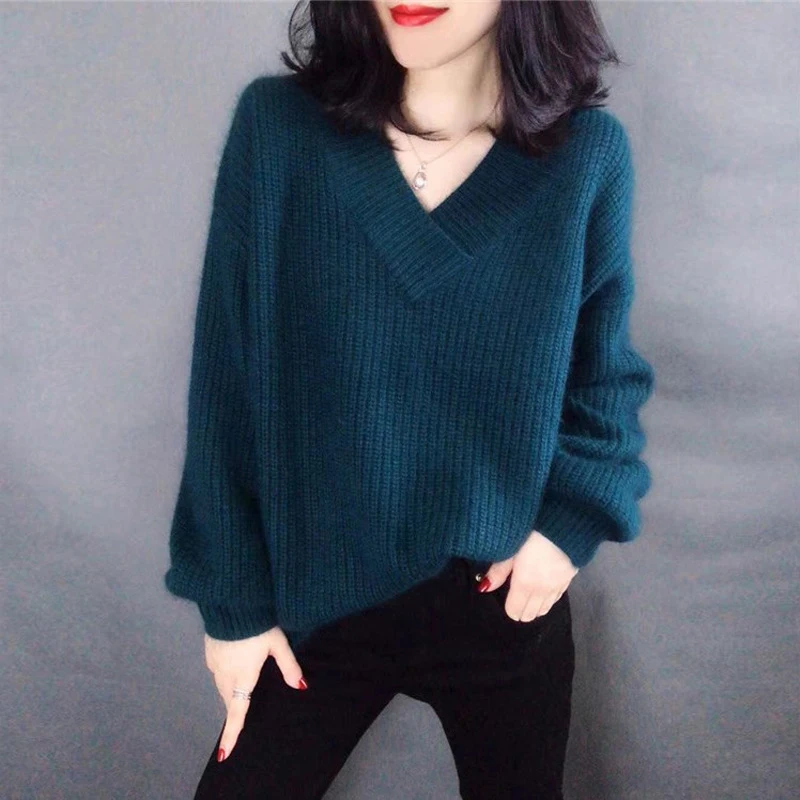 Ceny Sweter z dekoltem w serek, jesień, sweter z dzianiny, latarnia, kaszmirowy, kobiecy sweter, solidne, damskie, eleganckie, Pull Femme