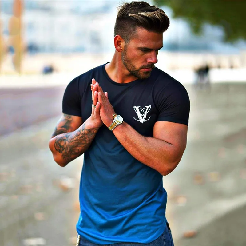 Модная футболка градиентного цвета, Мужская быстрокомпрессионная дышащая мужская футболка с коротким рукавом для фитнеса, Мужская футболка для тренажерного зала, облегающая Повседневная футболка