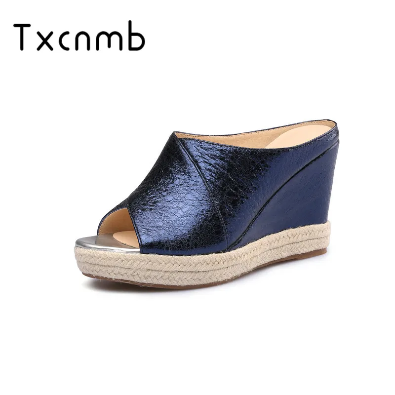

TXCNMB 2019 Women Wedges Heel Summer Genuine Leather PlatformS Sandals Ladies Gladiator Rhinestone Wedding Party Shoes Woman