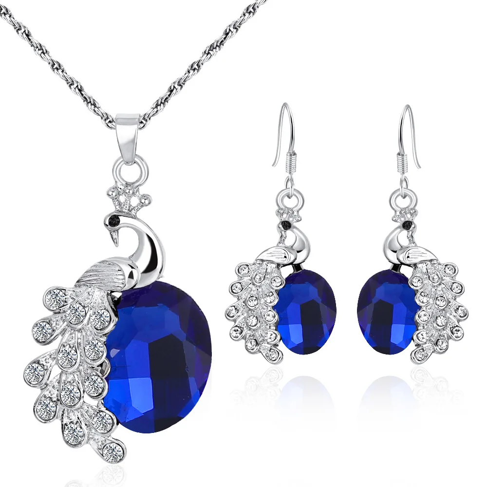 

2019 new suit fashion peacock studded multicolor gem ladies necklace earring set supply