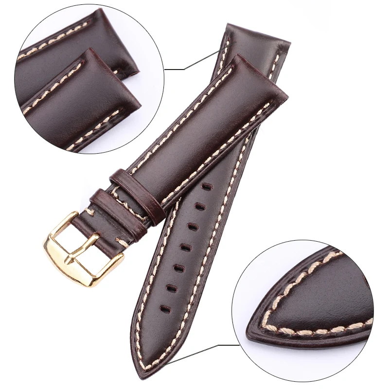 Elegant Genuine Leather Watch Band Strap – Black & Dark Brown with Polished Buckle