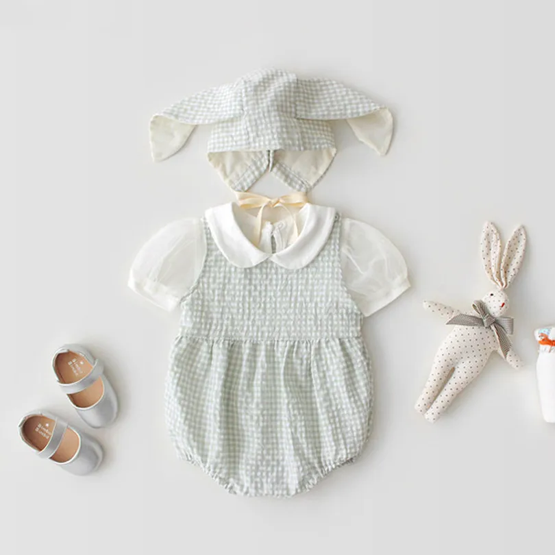 

Baby Girl Romper Clothes Summer Newborn Baby Clothes 100% Cotton Plaid Infant Baby Onesie New Born Baby Romper With Bunny Hat